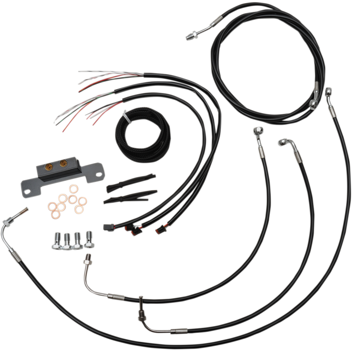 COMPLETE BLACK VINYL/STAINLESS HANDLEBAR CABLE/WIRE HARNESS/BRAKE LINE KIT FOR 12