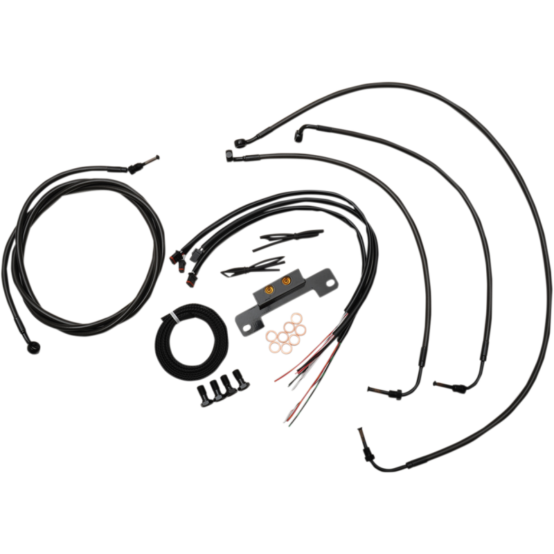 COMPLETE MIDNIGHT BRAIDED HANDLEBAR CABLE/WIRE HARNESS/BRAKE LINE KIT FOR 12" - 14" APES / BLACK-BRAIDED / STAINLESS STEEL